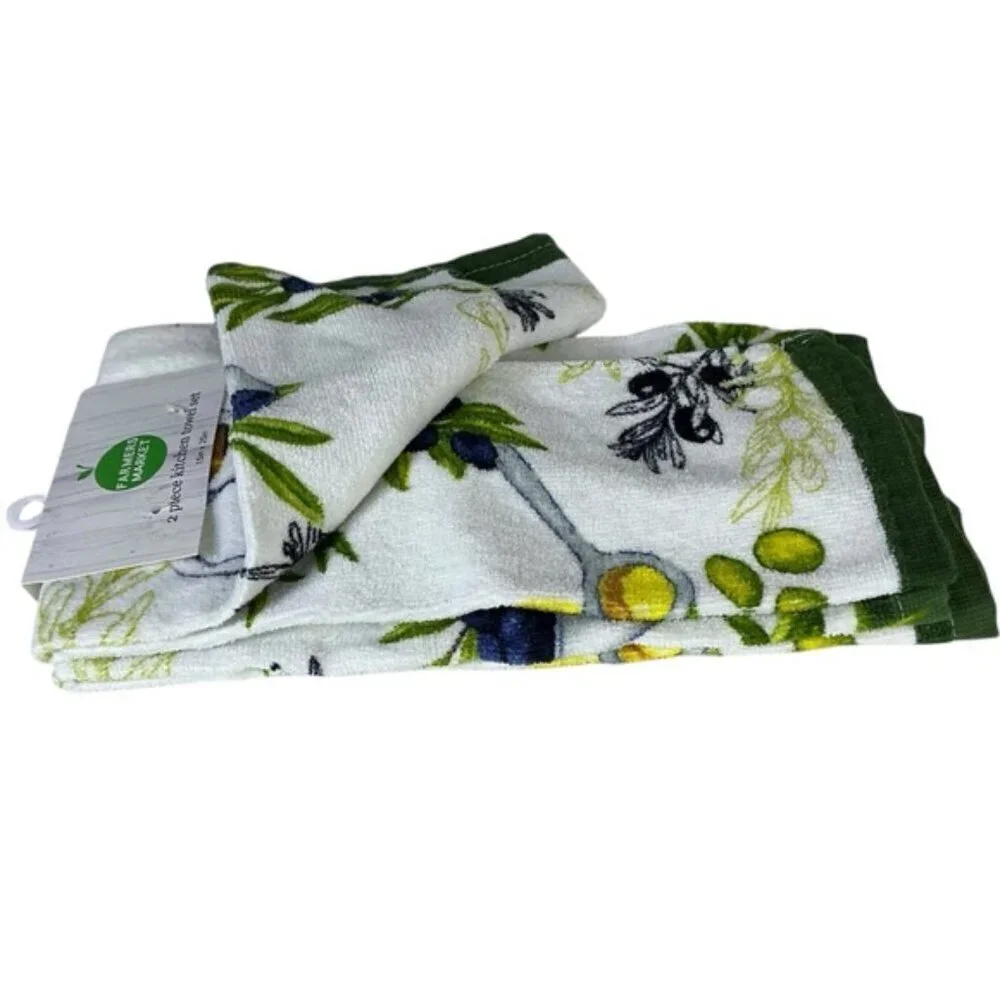 Farmers Market Cotton Towels Mediterranean Olive Theme Green Yellow 2 Pieces